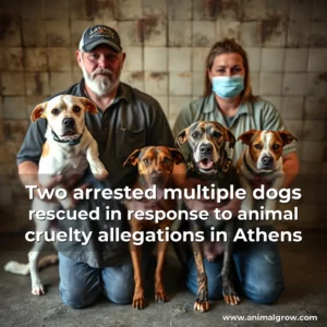 Artistic representation for Two arrested multiple dogs rescued in response to animal cruelty allegations in Athens